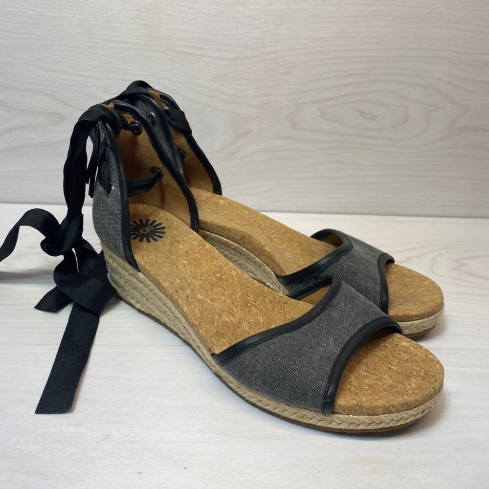 UGG Womens 8.5 Lucianna Espadrille Wedge Charcoalâ Canvas Lace Up Ankle Tie